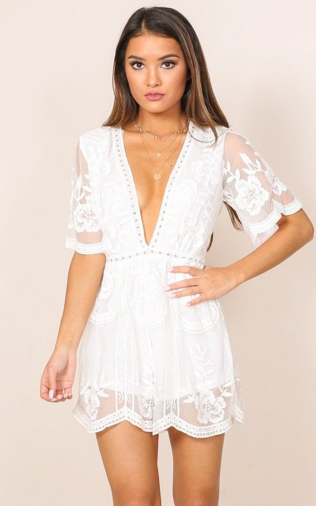 Face the music playsuit in white lace: Romper suit,  party outfits,  fashion model,  White Outfit  