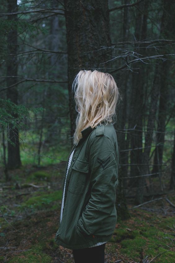 Aesthetic girl in forest people in nature, fashion photography: Long hair,  Fashion photography,  green outfit,  Jacket Outfits,  Woody Plant  