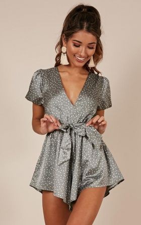 Hello its me playsuit in khaki spot satin: summer outfits,  Cocktail Dresses,  Romper suit,  fashion model,  day dress  