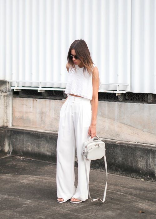 White pants and white top outfit: Crop top,  T-Shirt Outfit,  Street Style,  White And Pink Outfit  