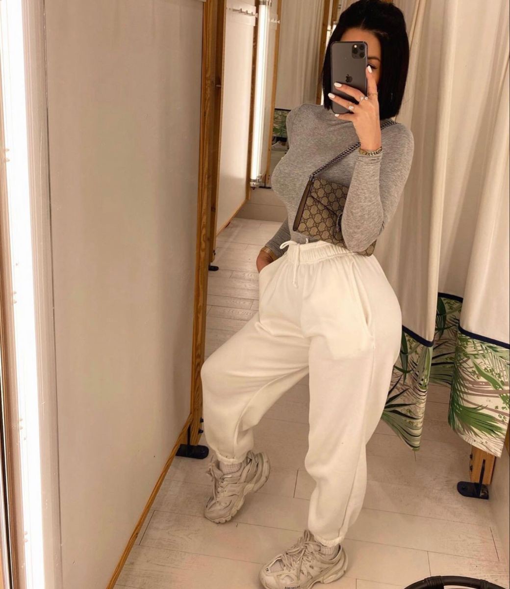 white outfit ideas with sweatpant, trousers, hot legs