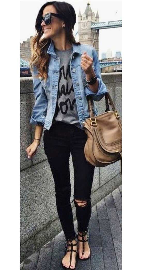 Model In A Modish Outfit Black Jeans With Denim Jacket Outfit Idea: Denim Outfits,  Jean jacket,  Brown Denim,  Brown Jeans,  Brown Jacket  
