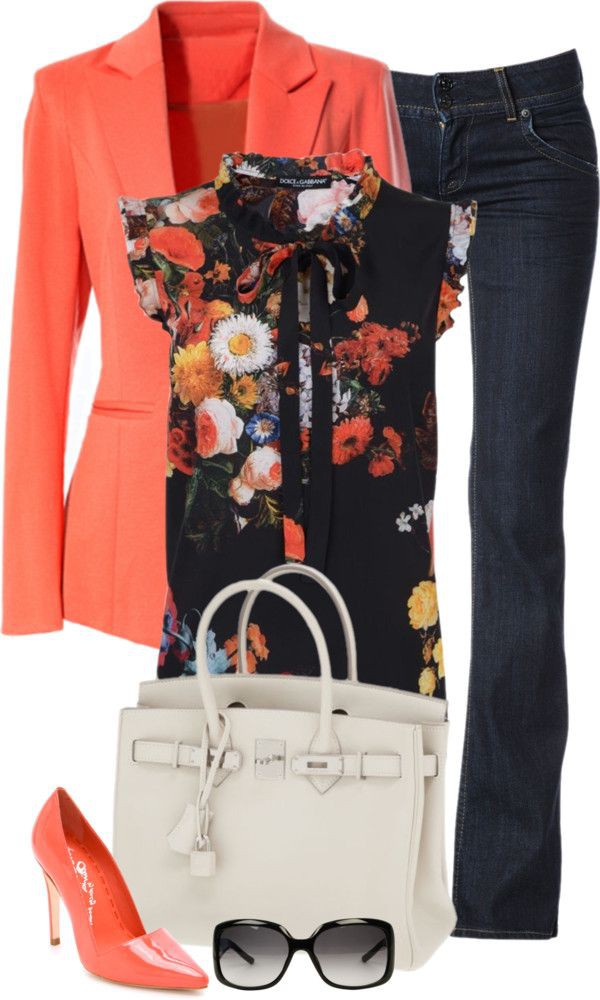 Coral womens outfits on polyvore: Designer clothing,  Orange And White Outfit,  Floral Top Outfits  
