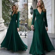 Long sleeve evening dresses chiffon: Cocktail Dresses,  Evening gown,  fashion model,  green outfit,  Bridal Party Dress  