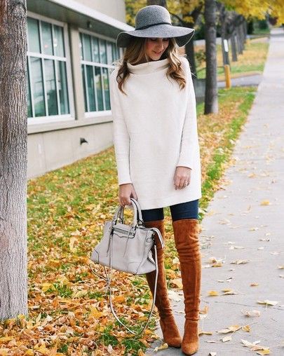 Brown and white clothing ideas with jean jacket, mom jeans, leggings: Jean jacket,  Boot Outfits,  Street Style,  Brown And White Outfit,  Knee High Boot  