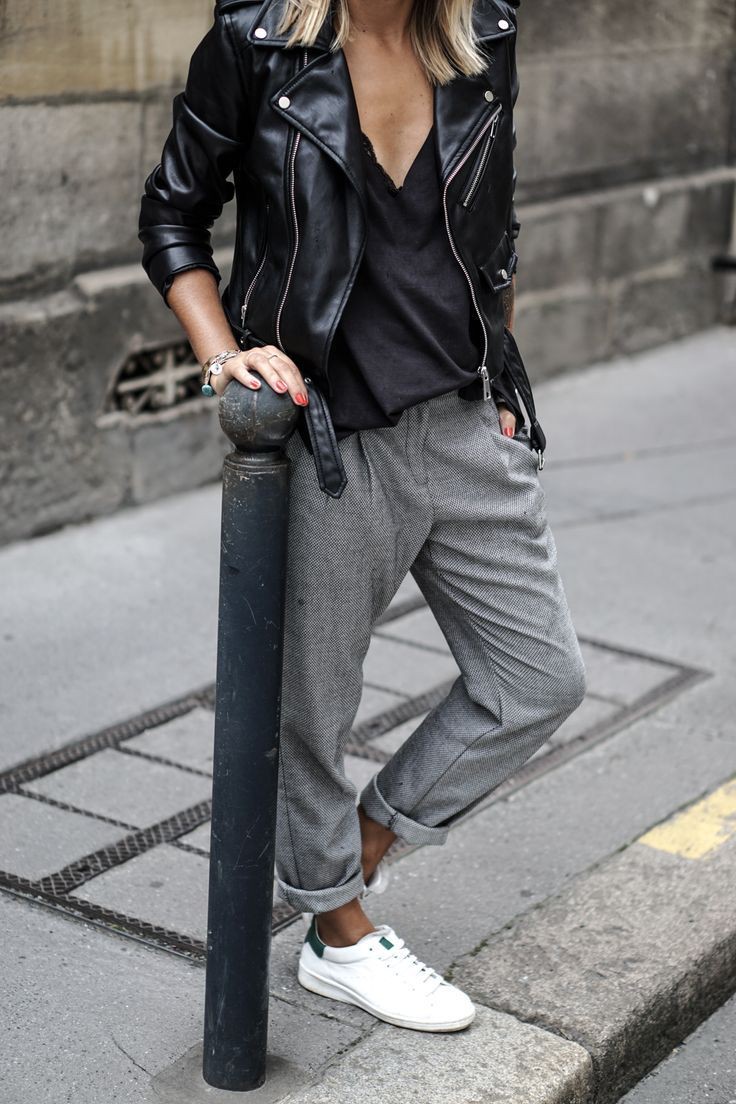 Leather jacket with trainers: jacket,  Leather jacket,  Sportswear,  Joggers Outfit,  coat,  Jeans Outfit,  Trousers  