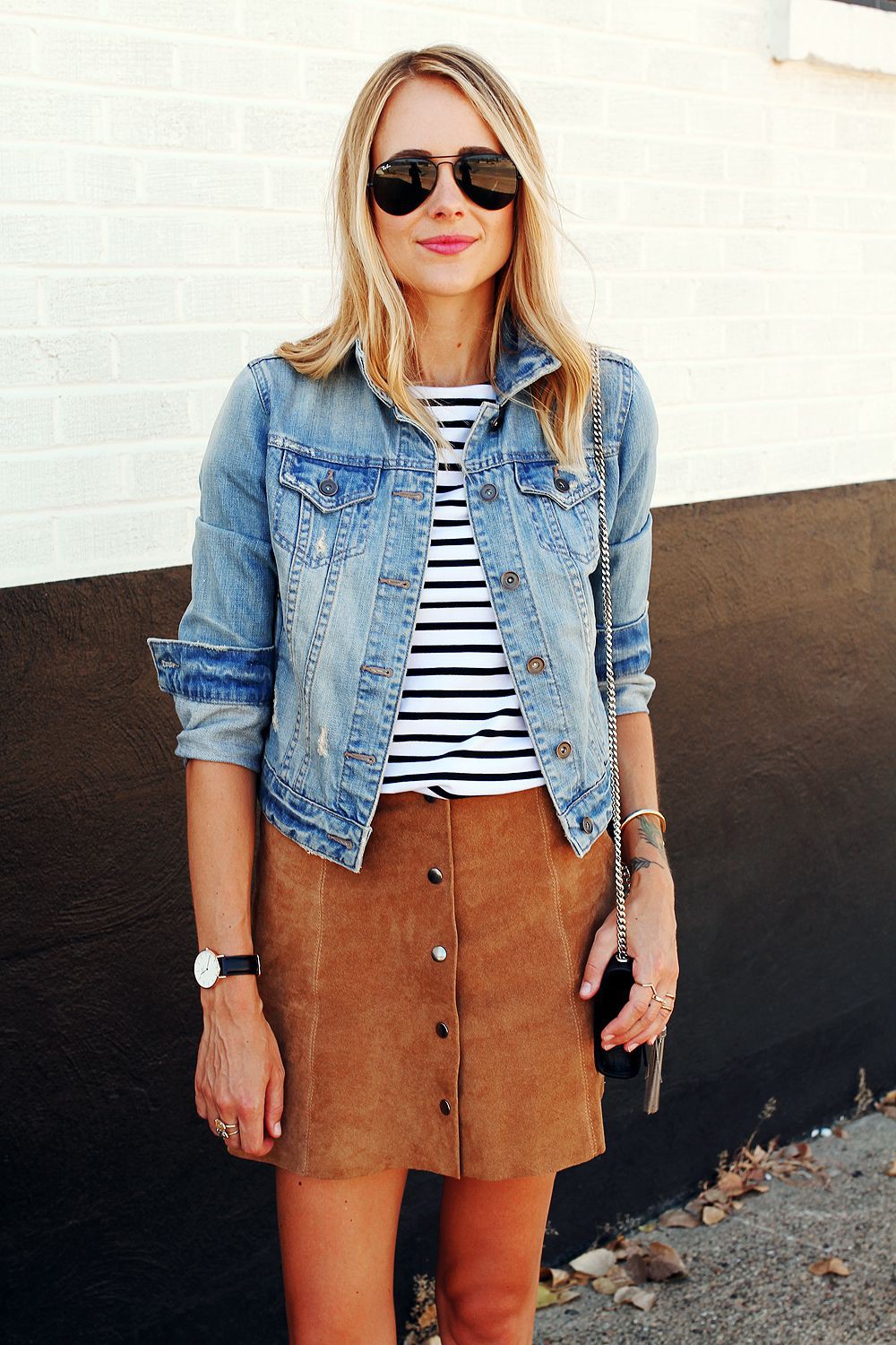 Tan suede skirt outfit, street fashion, jean jacket | Dress With Jean  Jacket | Denim Outfit, Jean jacket, Street fashion