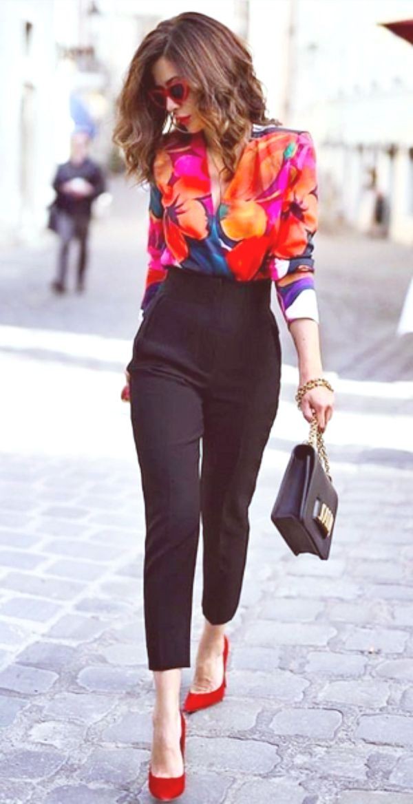 Sexy and professional Office attire | Red heels, Black trouser, Black purse, colorful top: 