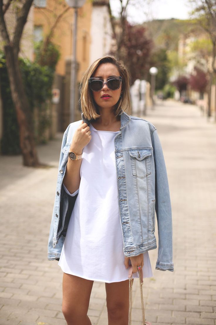 White t shirt dress with denim jacket | Dress With Jean Jacket | Denim  Outfit, Denim skirt, Dress shirt