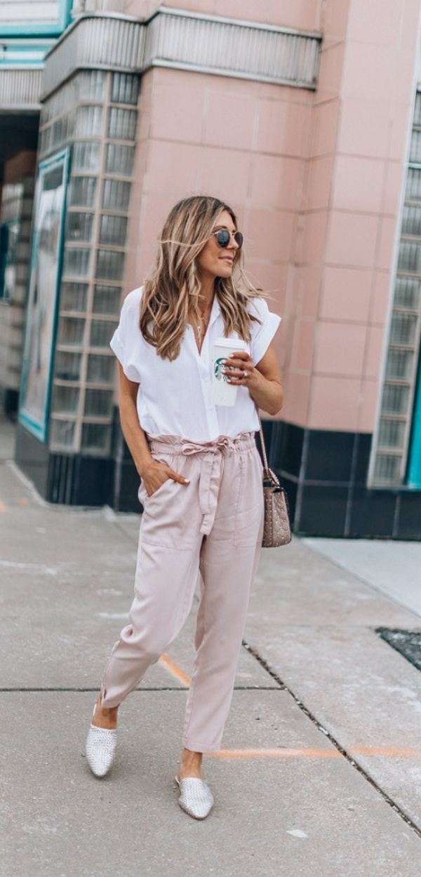 Summer smart casual womens, business casual, street fashion, smart casual, casual wear: Smart casual,  Business casual,  Street Style,  White And Pink Outfit,  Pant Outfits  