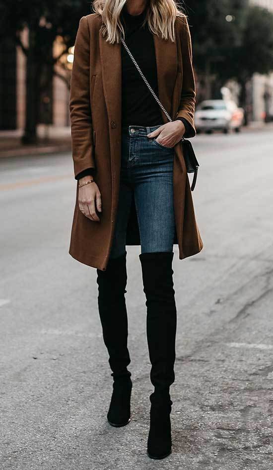 Winter Outfit Ideas With Brown Coat, Blue Jeans & Black Knee High Boots: Denim Outfits,  Polo neck,  Over-The-Knee Boot,  Brown Denim,  Brown Jeans,  Brown Jacket  