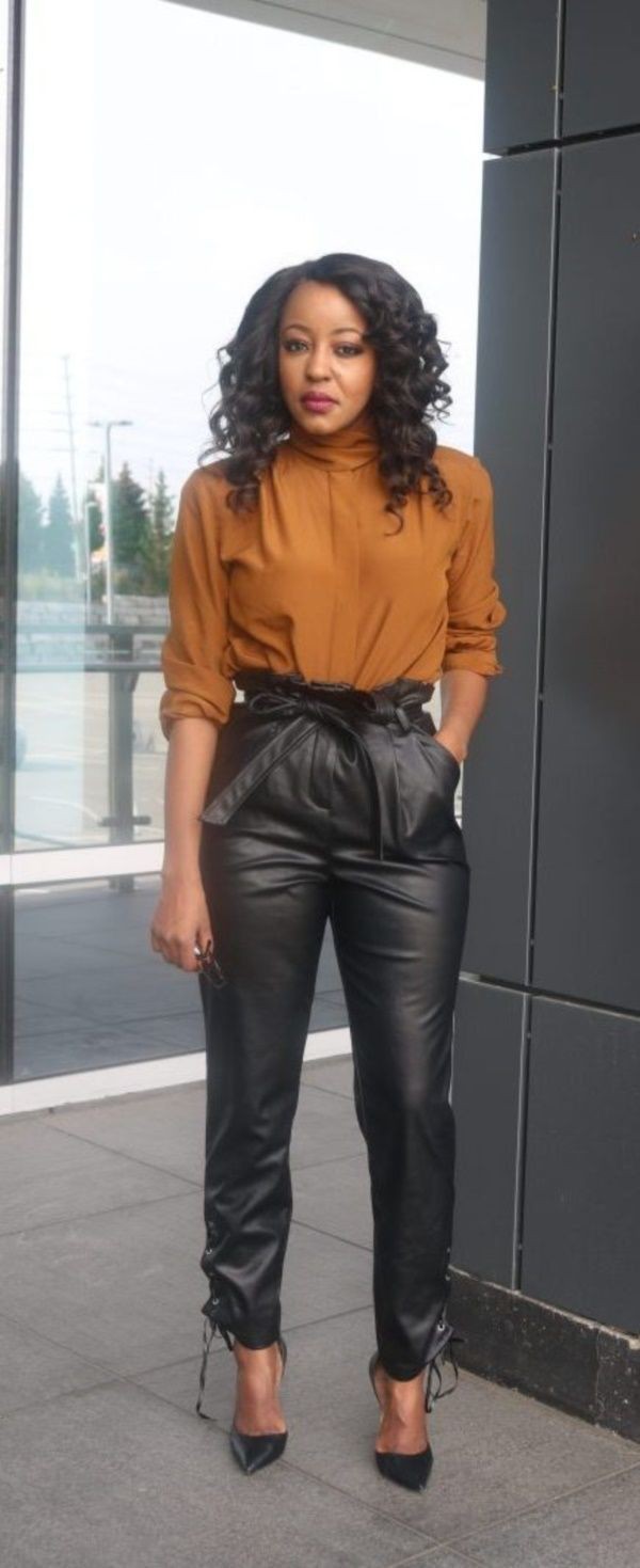 Paper bag trouser outfit ideas | Paper Bag Pants outfit | Brown Outfit,  Leather jacket, Pant Outfits