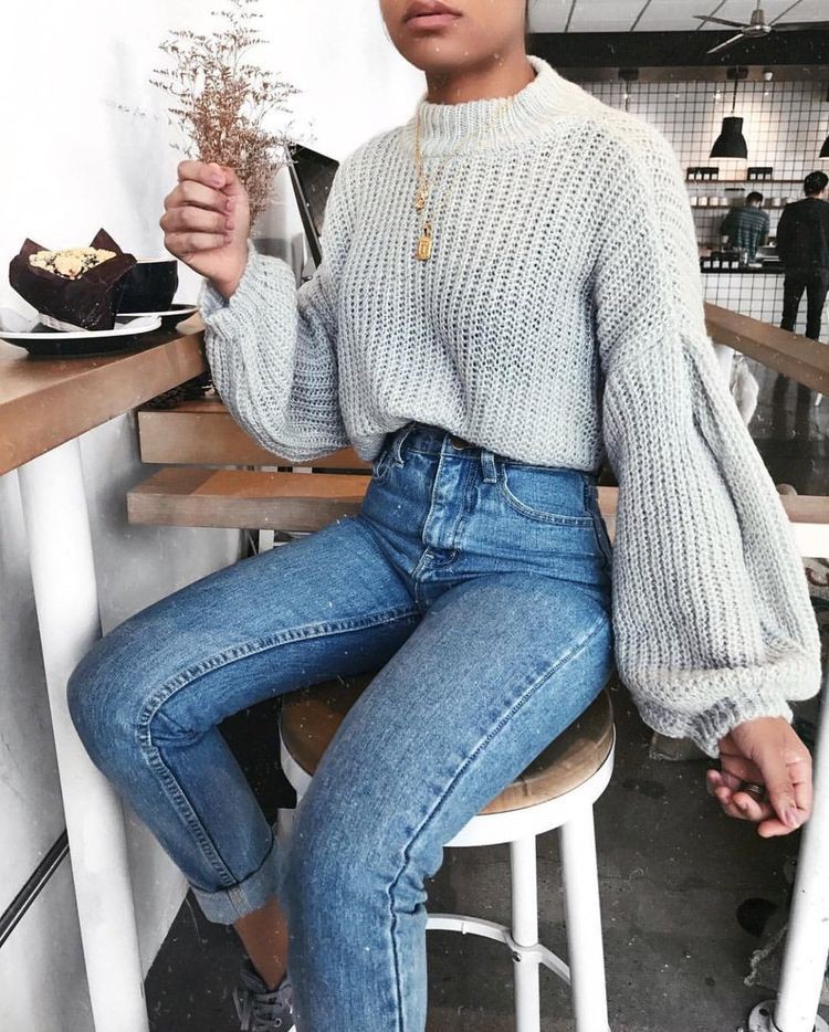 Grey knit sweater outfit, casual wear, mom jeans: Jeans Outfit  