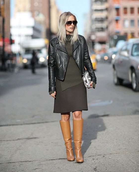 Colour dress stivali cammello outfit hoher beiger stiefel, thigh high boots: Leather jacket,  Street Style,  Brown Boots Outfits  