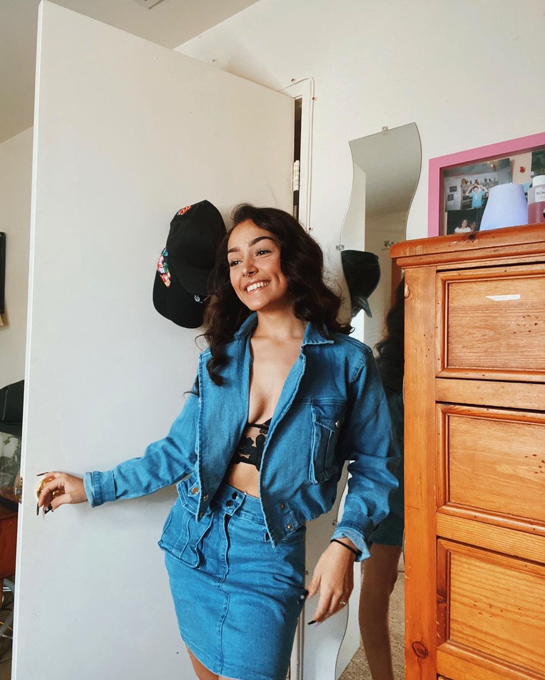 Black and blue denim, jeans, outfit designs: Black And Blue Outfit,  Hailey Orona Instagram,  Denim Top  