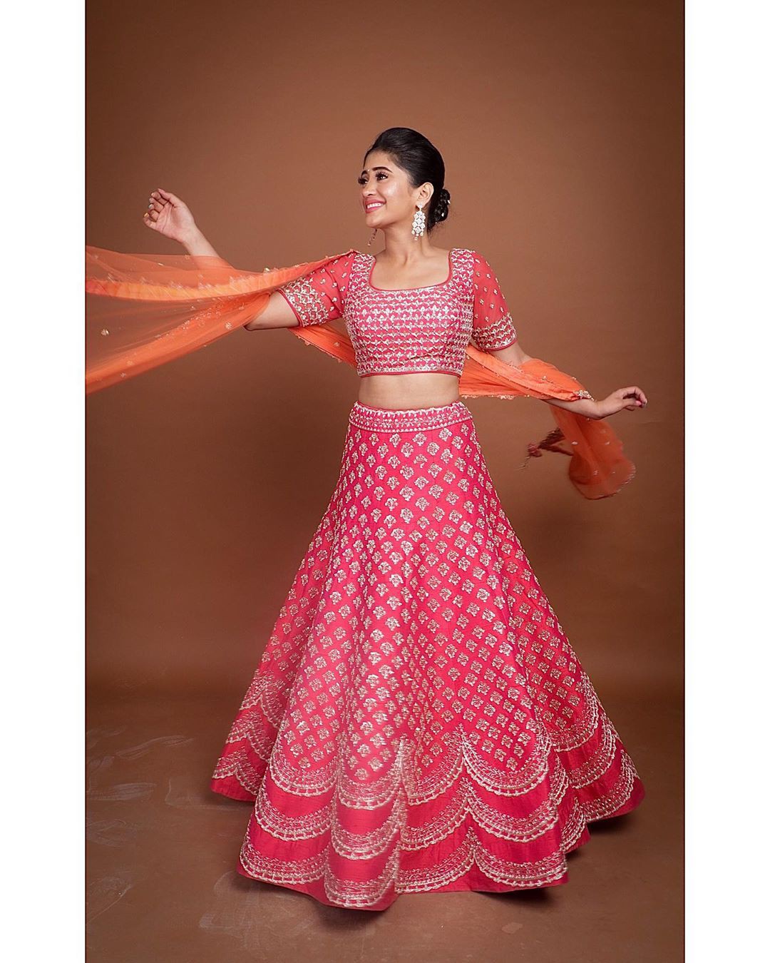 Magenta and orange dress formal wear, embroidery: Shivangi Joshi Instagram  