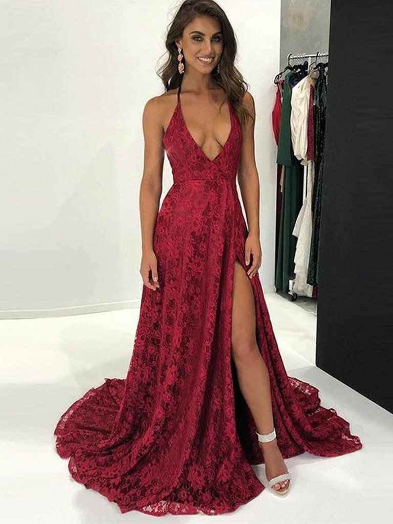 Lace burgundy prom dresses bridal party dress, spaghetti strap ...