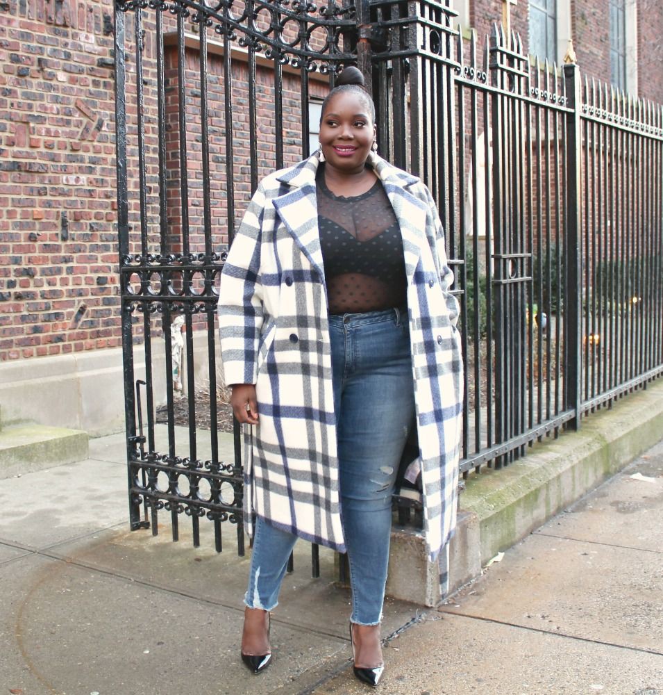 Lookbook fashion with jacket, tartan, denim: Street Style,  Plus size outfit  