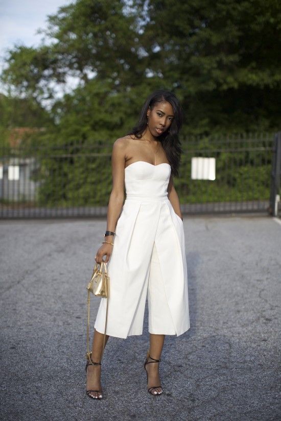 White strapless culotte jumpsuit high heeled shoe, strapless dress: Cocktail Dresses,  Romper suit,  Strapless dress,  White Outfit,  Street Style,  High Heeled Shoe  