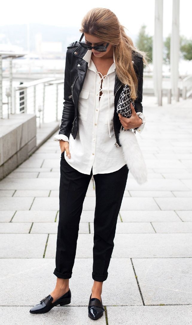 Black biker jacket outfit | Women Business Casual Fashion | Casual wear ...