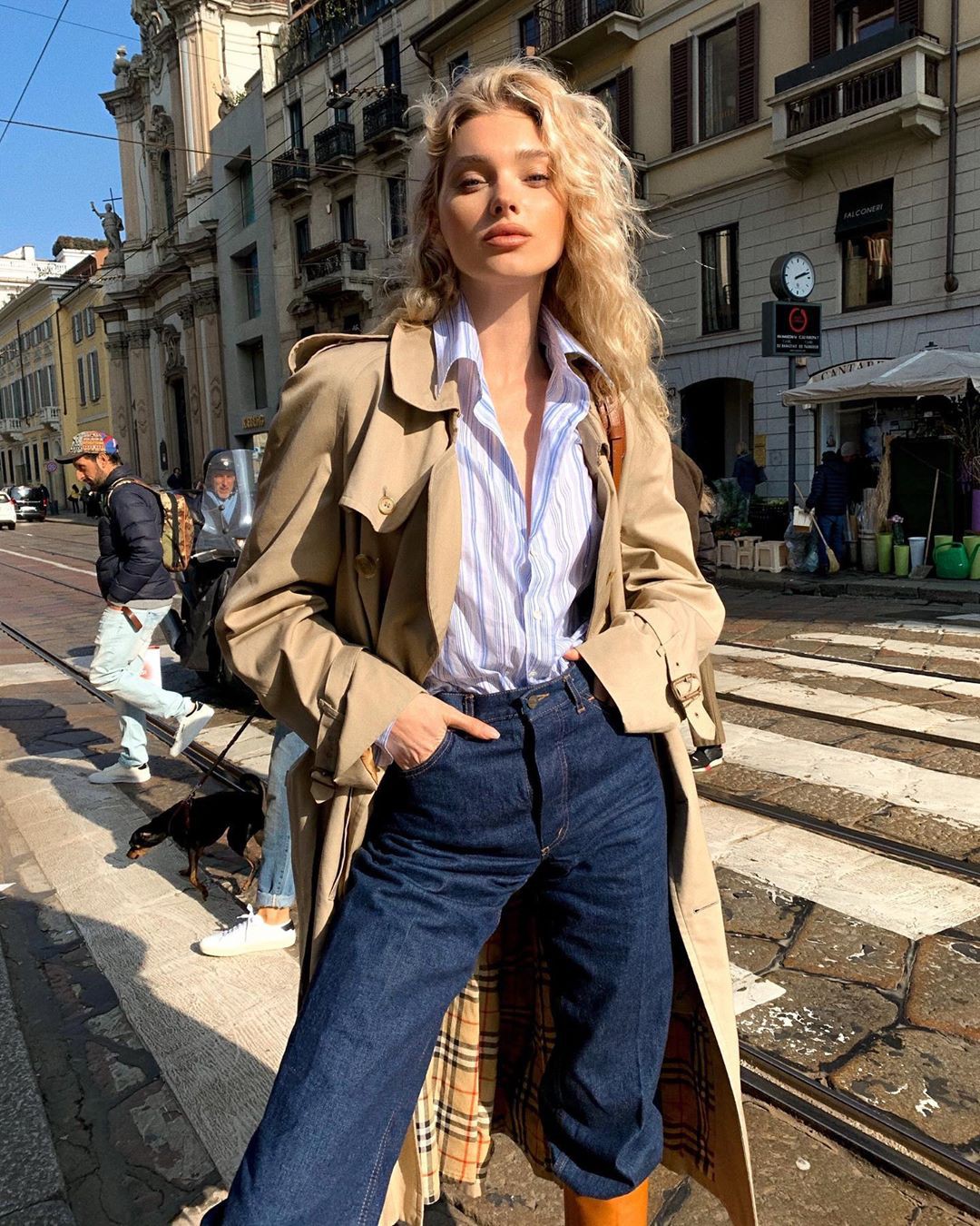 Elsa Hosk trench coat, denim, jeans outfits for women