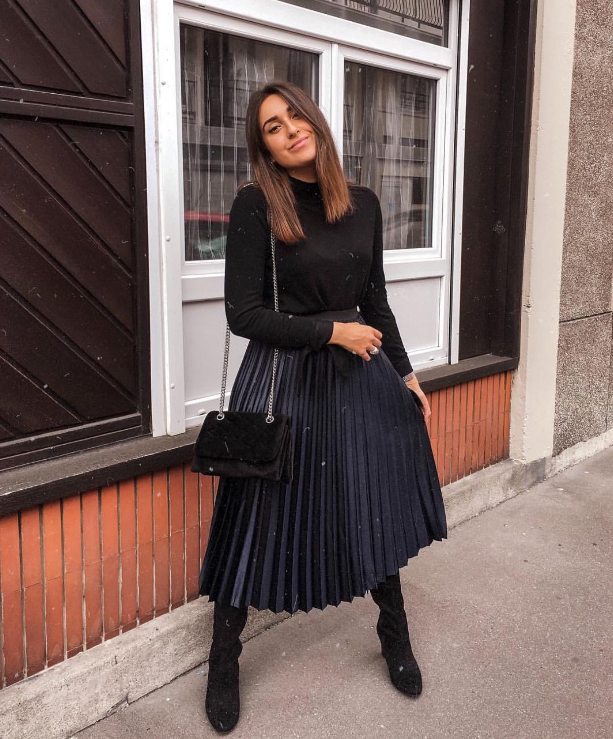 Black pleated skirt outfit winter | Black On Black Outfit Ideas | Black ...