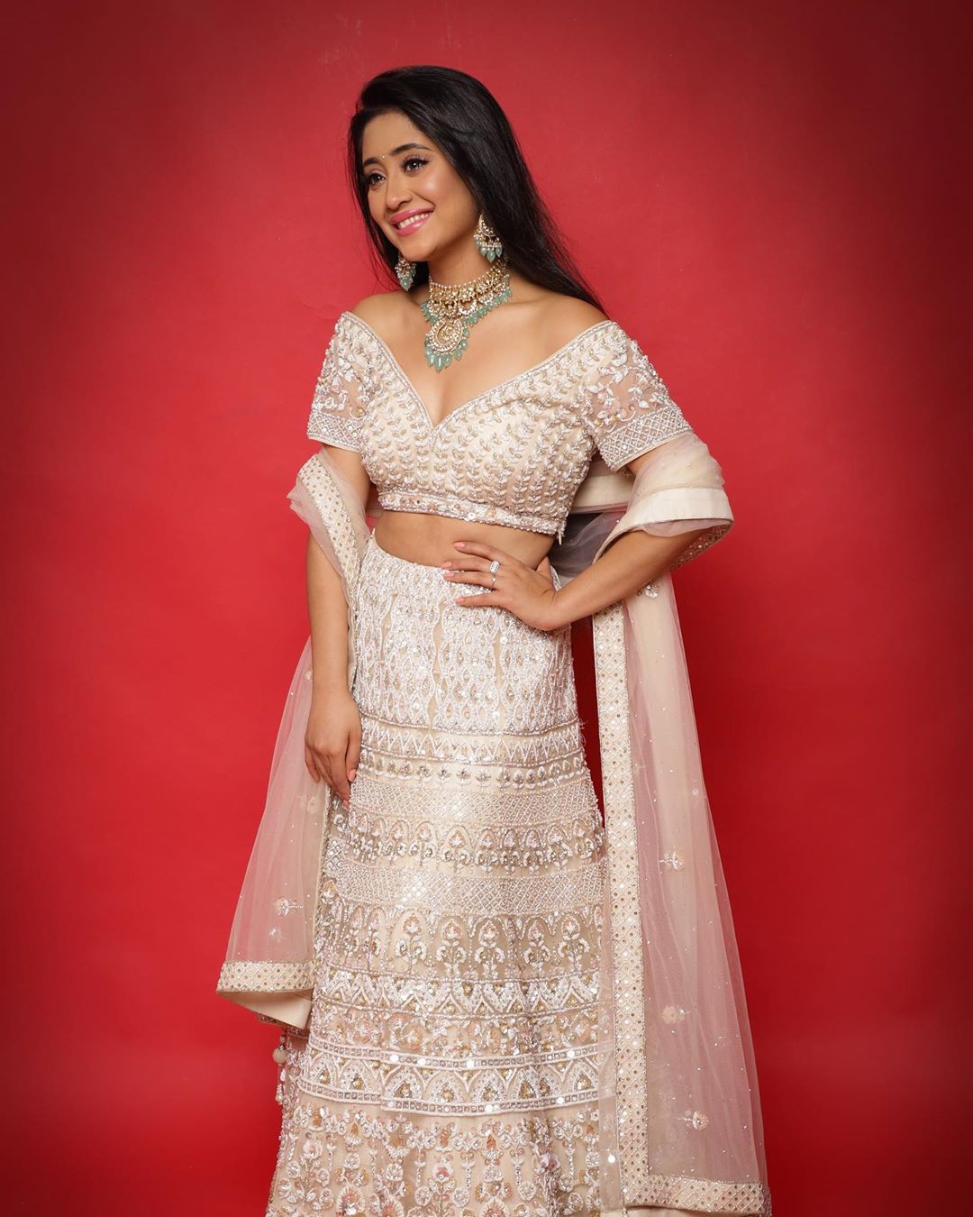 white colour outfit ideas 2020 with wedding dress, gown: Wedding dress,  White Dress,  Formal wear,  White Gown,  White Wedding Dress,  Shivangi Joshi Instagram  