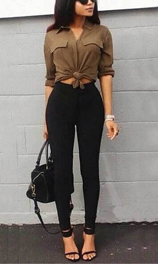 Black Leggings Outfit Idea With Brown Shirt And Classy Heeled Sandals: Denim Outfits,  Black Leggings,  Casual Outfits,  Brown And Black Outfit  