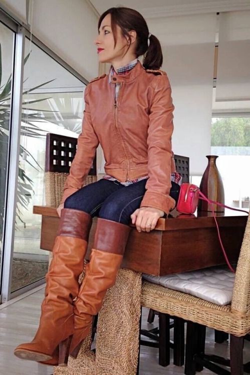 Trendy clothing ideas granny wearing boots high heeled shoe, thigh high boots, knee high boot: Leather jacket,  Riding boot,  Brown Boots,  High Heeled Shoe,  Knee High Boot,  Brown Boots Outfits  