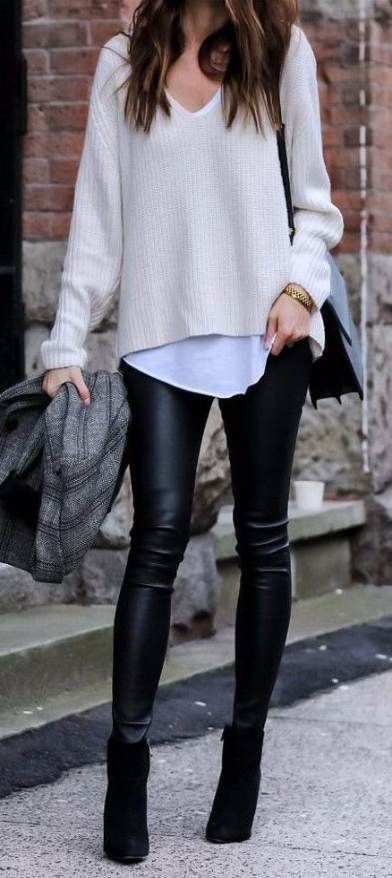 Outfit office invierno | Black legging outfits | Black And White Outfit ...