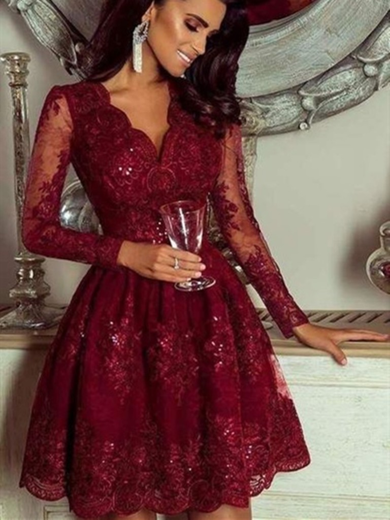 Long sleeve homecoming dresses, cocktail dress, fashion model, formal wear, the dress, a line: Cocktail Dresses,  fashion model,  Prom Dresses,  Formal wear,  Purple And Maroon Outfit  
