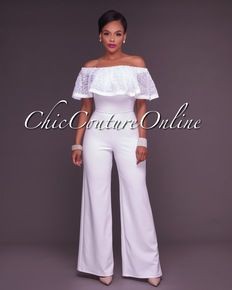 Off shoulder pant suit, evening gown, romper suit, formal wear: Romper suit,  Evening gown,  party outfits,  White Outfit,  Formal wear  