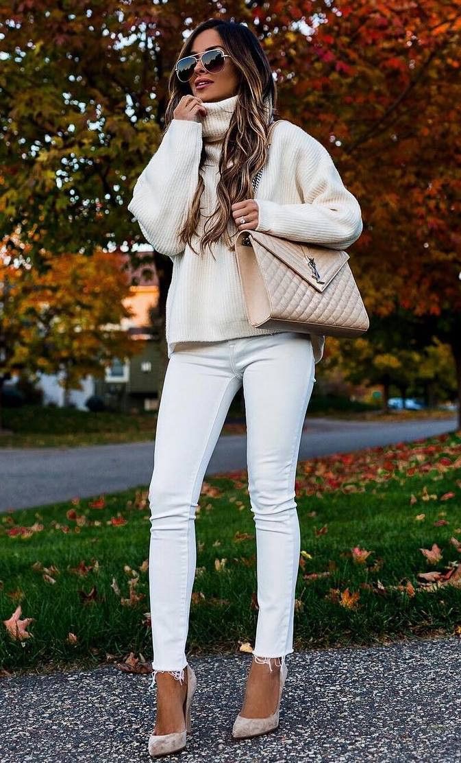 White attire with jean jacket, sweater, jacket: Polo neck,  T-Shirt Outfit,  Street Style,  Turtleneck Sweater Outfits  