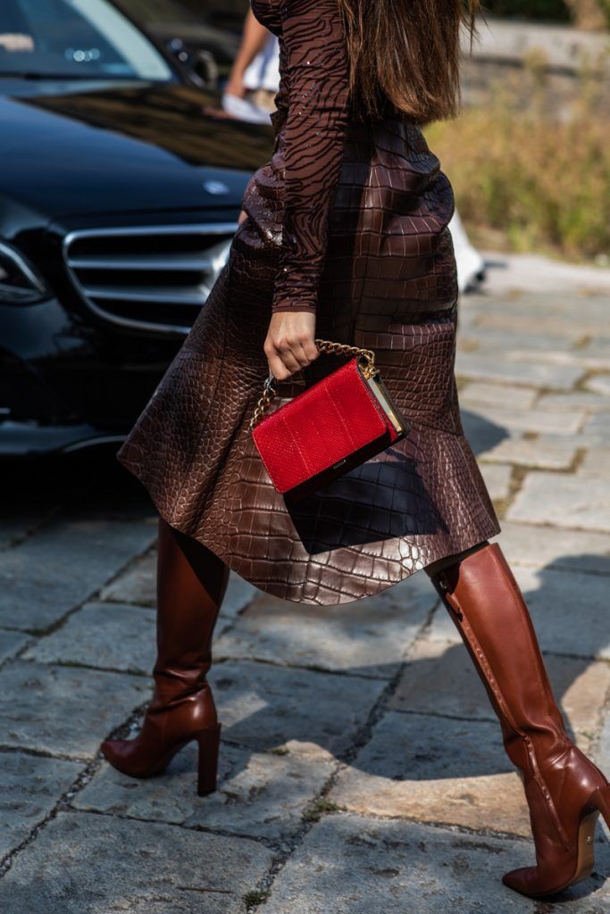 Maroon and brown colour dress with tartan, tights, denim: Hot Girls,  Street Style,  Maroon And Brown Outfit,  Knee High Boot,  Brown Boots Outfits  