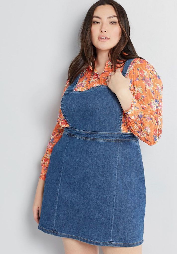 Plus size denim jumper plus size clothing, romper suit Plus Date Ideas | Date Outfits, day dress, Orange And Blue Outfit