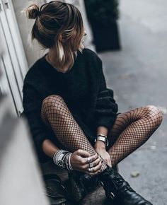 Trendy clothing ideas with tights: Black Outfit,  Long hair  