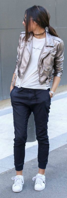 Leather joggers outfit ideas: Leather jacket,  White Jeans,  Joggers Outfit,  White Trousers,  White Jacket,  White T-Shirt,  Joggers  