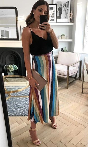 Turquoise classy outfit with twinset long skirt, fashion model: fashion model,  Stripe Skirt,  Formal wear,  Casual Outfits,  FLARE SKIRT  