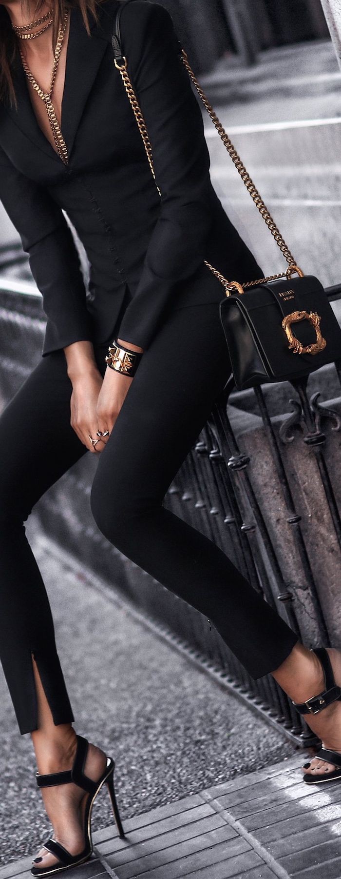 Black outfit gold accessories, fashion accessory | Black On Black Outfit  Ideas | Black Outfit, black outfits, Fashion accessory