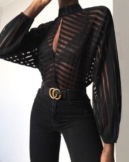 Striped keyhole front mesh blouse | Black On Black Outfit Ideas | Black ...