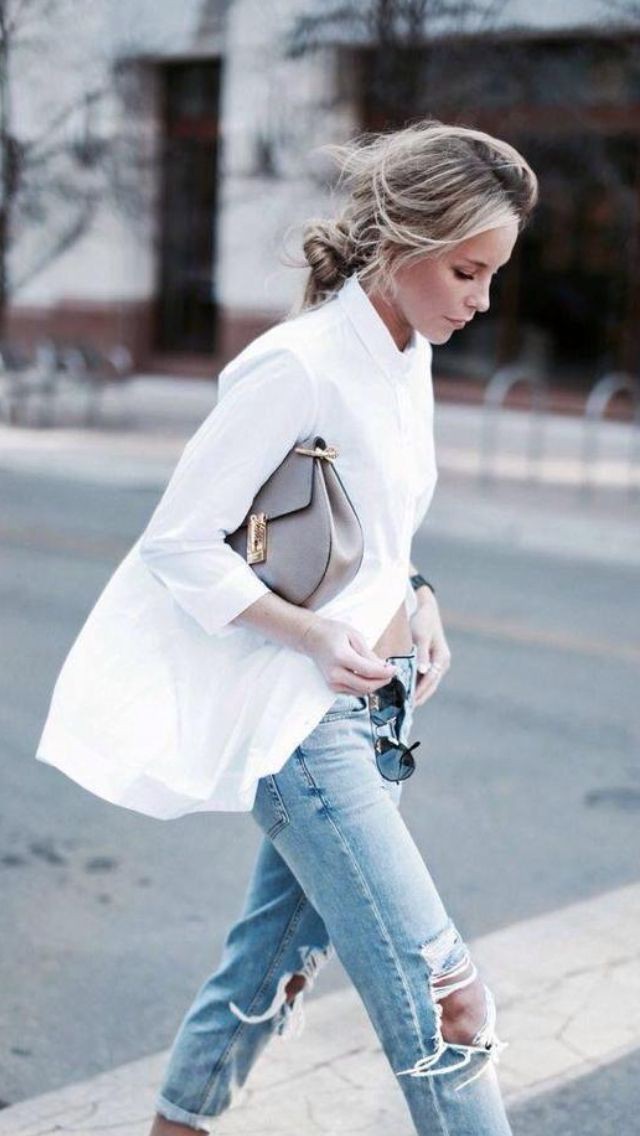 Street Style Fashion Lady In White Shirt And Boyfriend Jeans Stock ...