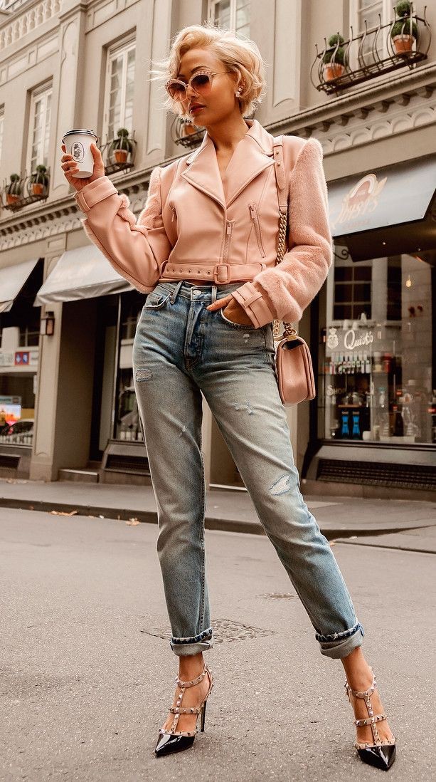 Beige colour combination with leather jacket, dress shirt, leather