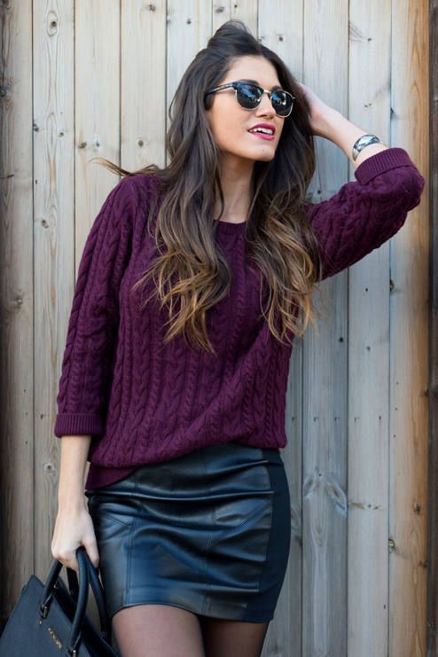 Outfit with purple sweater, street fashion, leather skirt, t shirt: T-Shirt Outfit,  Street Style,  Leather Skirt Outfit,  Maroon And Purple Outfit  