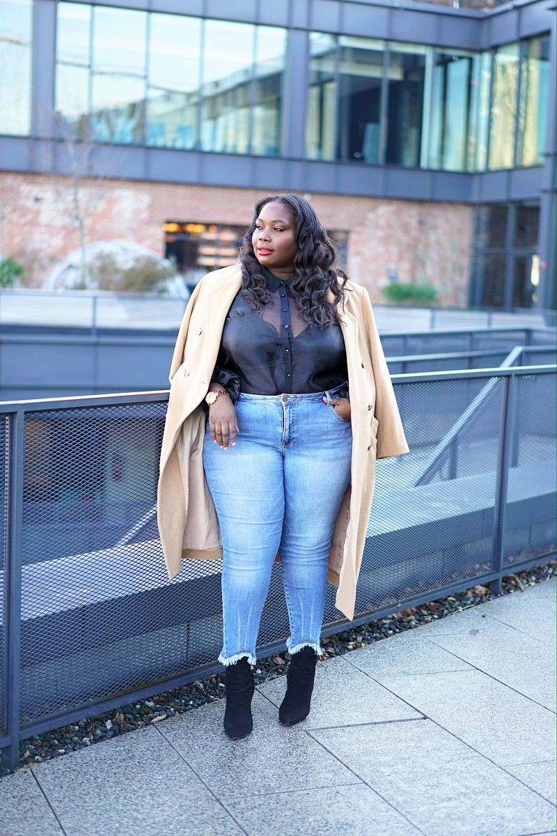 Outfit style with jacket, skirt, denim: Street Style,  Plus size outfit  