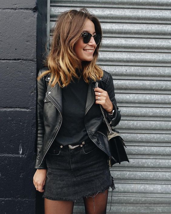 Black denim skirt outfit, street fashion, leather jacket, casual wear, denim skirt: Denim skirt,  Leather jacket,  Black Outfit,  Street Style,  Mini Skirt Outfit,  Black Leather Jacket  