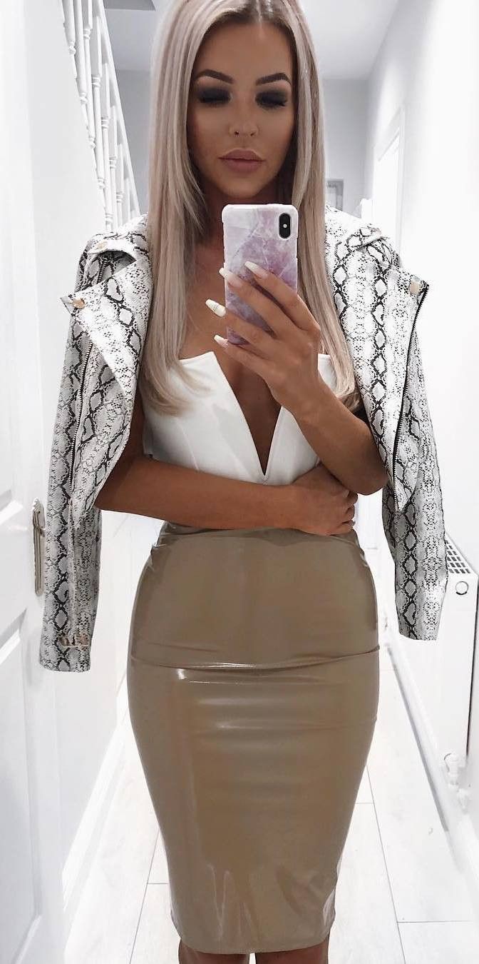Beige and white colour dress with leather skirt, pencil skirt, jacket