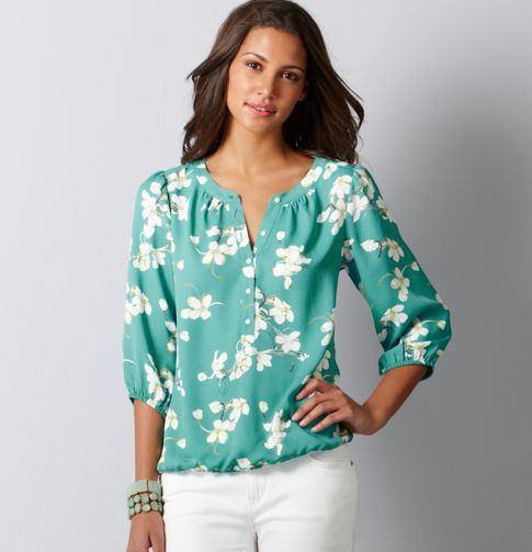 Floral blouse with white pants: shirts,  Turquoise And Green Outfit,  V Nack Blouse  