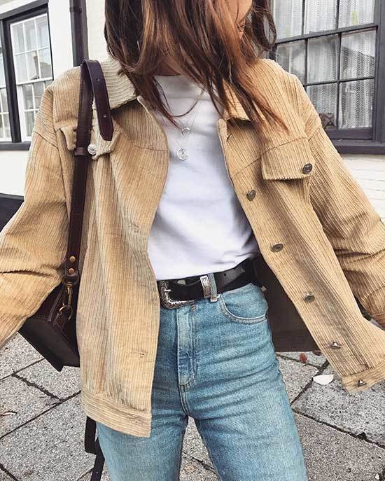 Women's Outfit WIth White Top, Beige Over-Sized Jacket, Blue Washed Out ...
