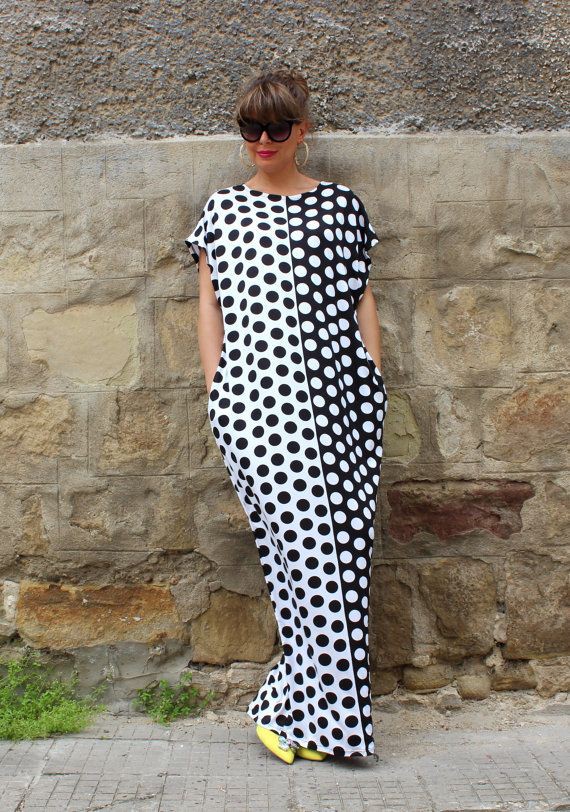 Black and white loose dresses: summer outfits,  Polka dot,  Maxi dress,  T-Shirt Outfit,  Black Outfit,  day dress,  Street Style,  Black And White  
