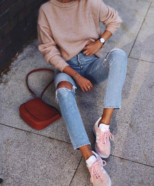 Pink adidas trainers outfit, adidas originals, street fashion Ripped Jeans Outfits For Women | Adidas Originals, Ripped Jeans Outfit, Street fashion